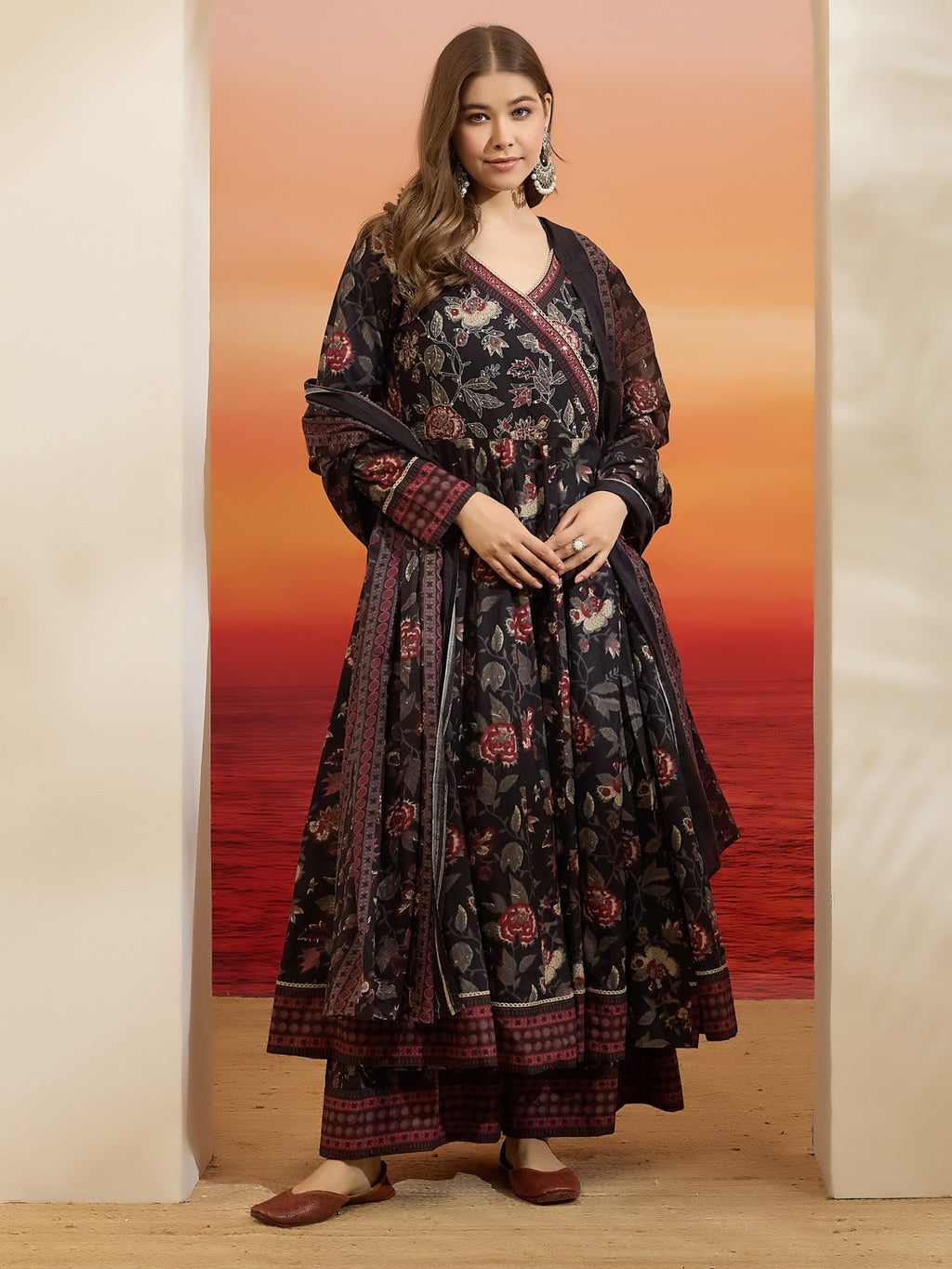 Elegant Black Floral Cotton Anarkali Set with Latkans & Dupatta