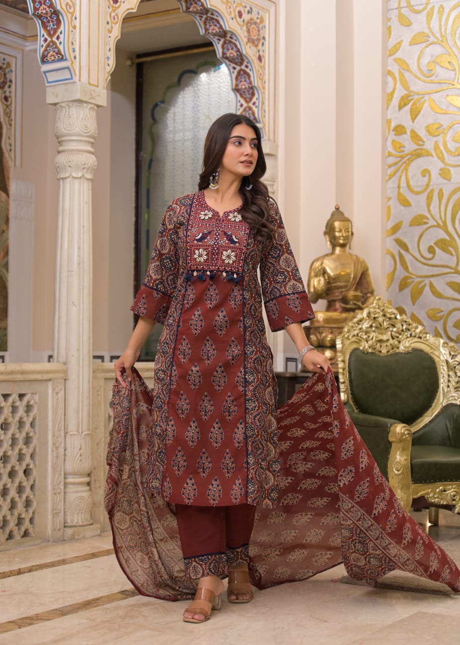 Premium Hand-Embroidered Cotton 3-Piece Suit Set with Mal Mal Dupatta