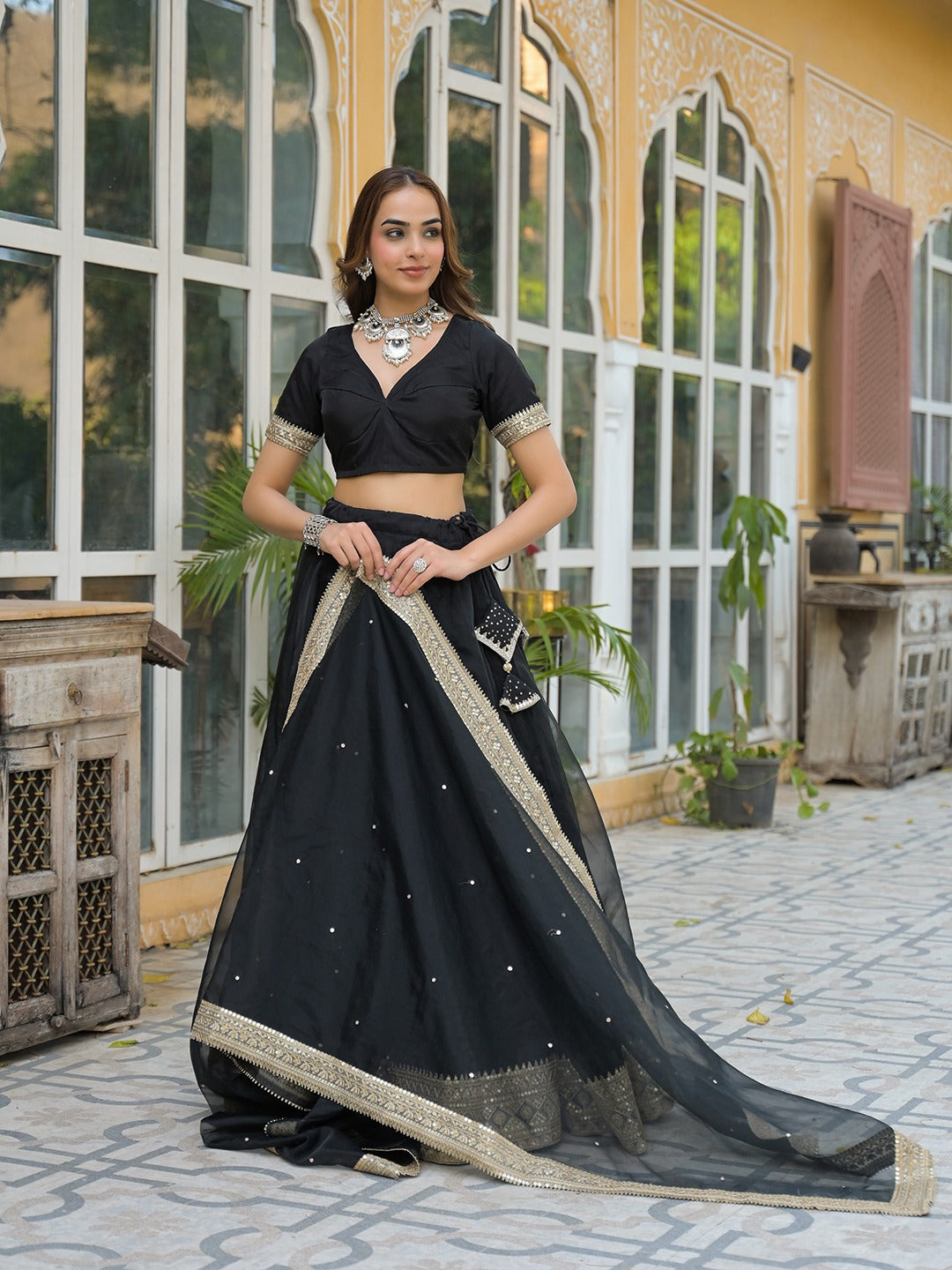 Black Solid Organza Lehenga with Choli and Dupatta