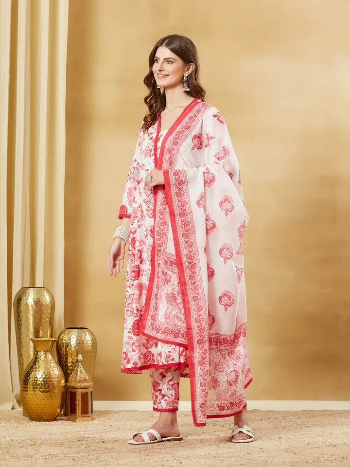 White Floral Cotton Anarkali Kurta Sets With Dupatta