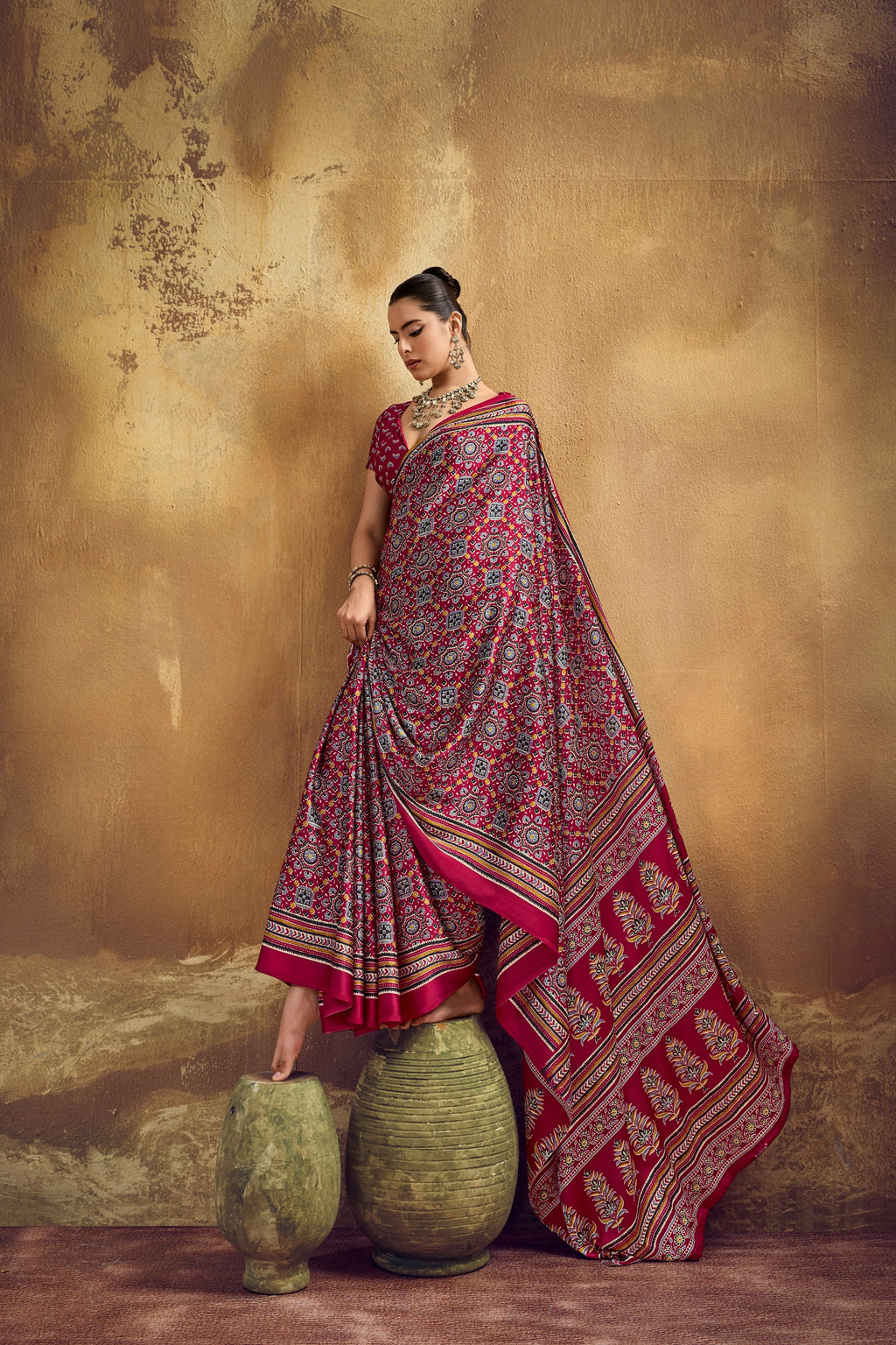 Ajrakh Printed Modal Satin Sarees with Matching Blouse