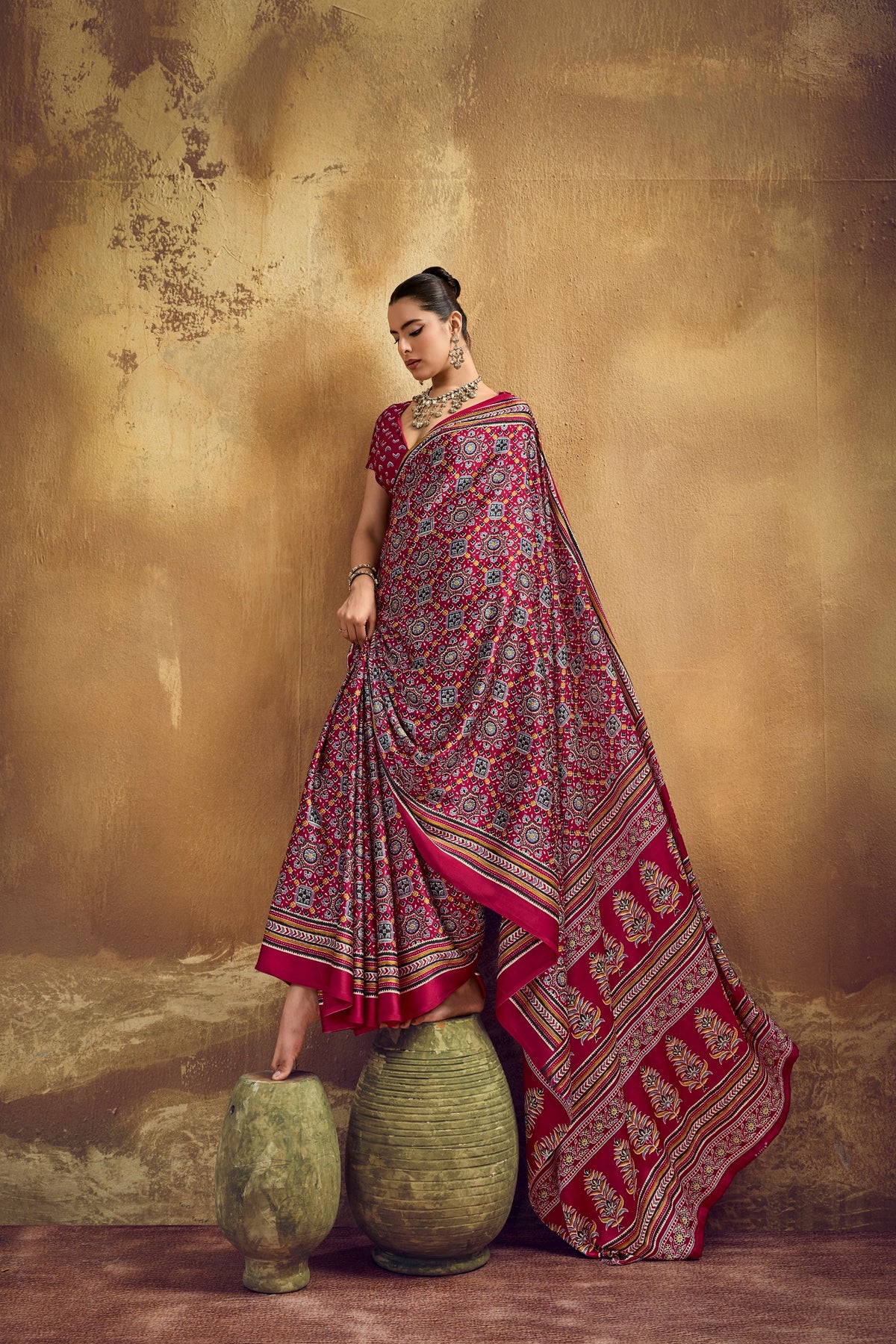 Ajrakh Printed Modal Satin Sarees with Matching Blouse