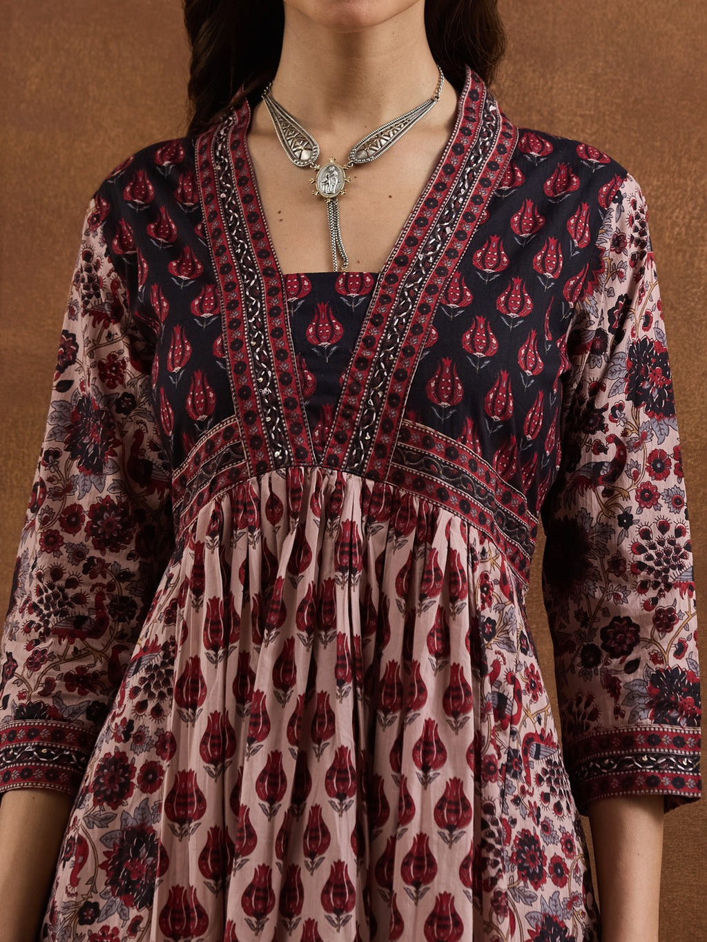 Dusty Pink Floral Printed Cotton Anarkali Kurta Set with Pants & Dupatta