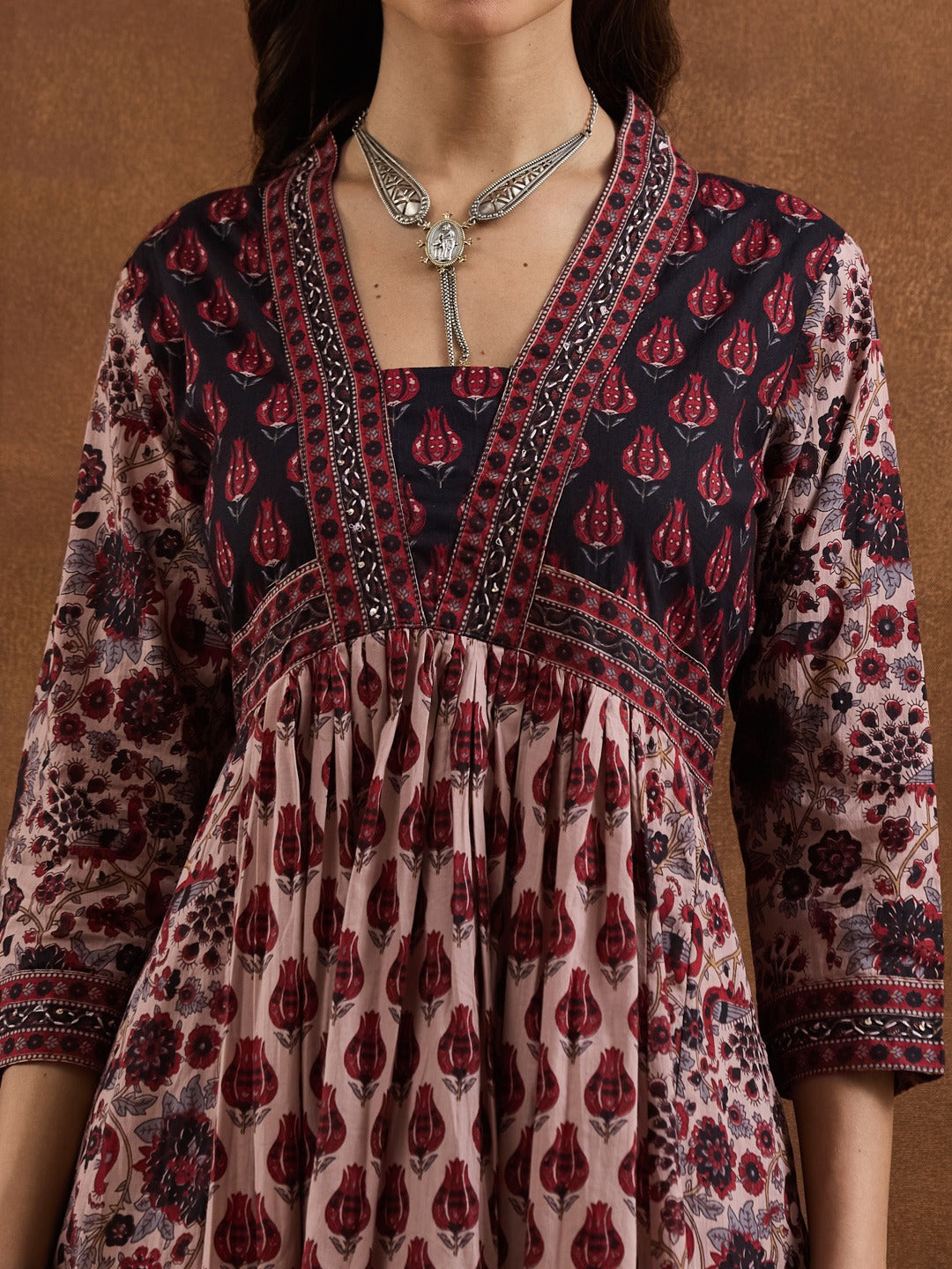 Dusty Pink Floral Printed Cotton Anarkali Kurta Set with Pants & Dupatta