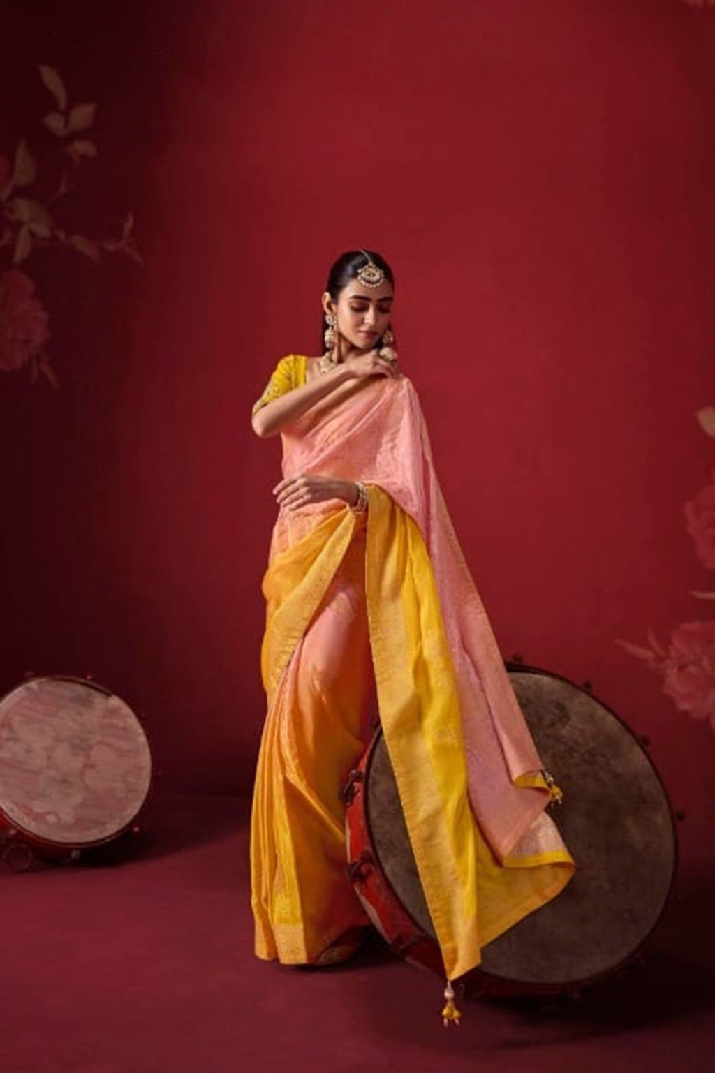 Ombré Dola Crape Silk Saree with Handcrafted Kundan Blouse