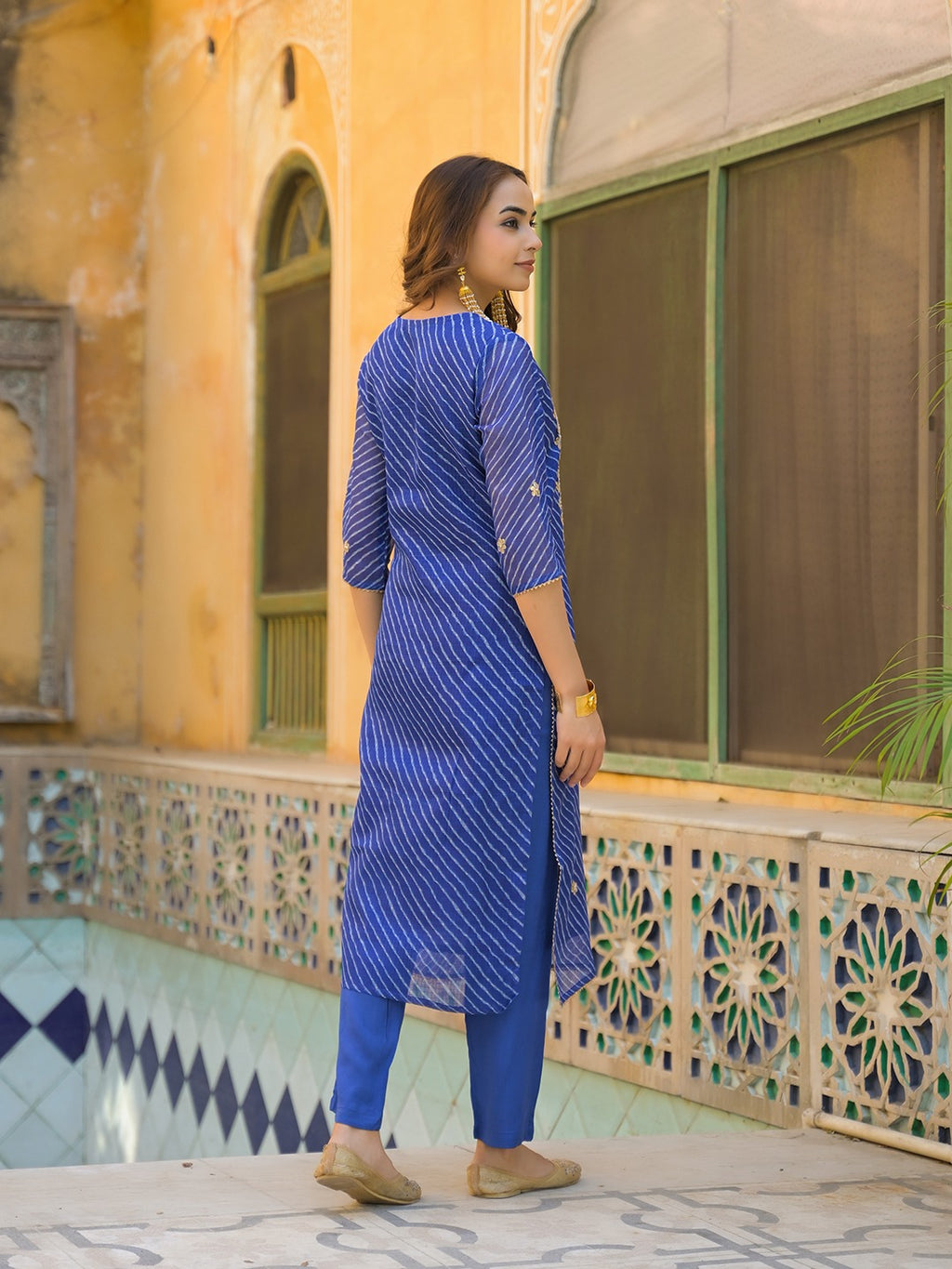 Women Leheriya Gota Patti & Zari Work Blue Kurta With Pants & Dupatta