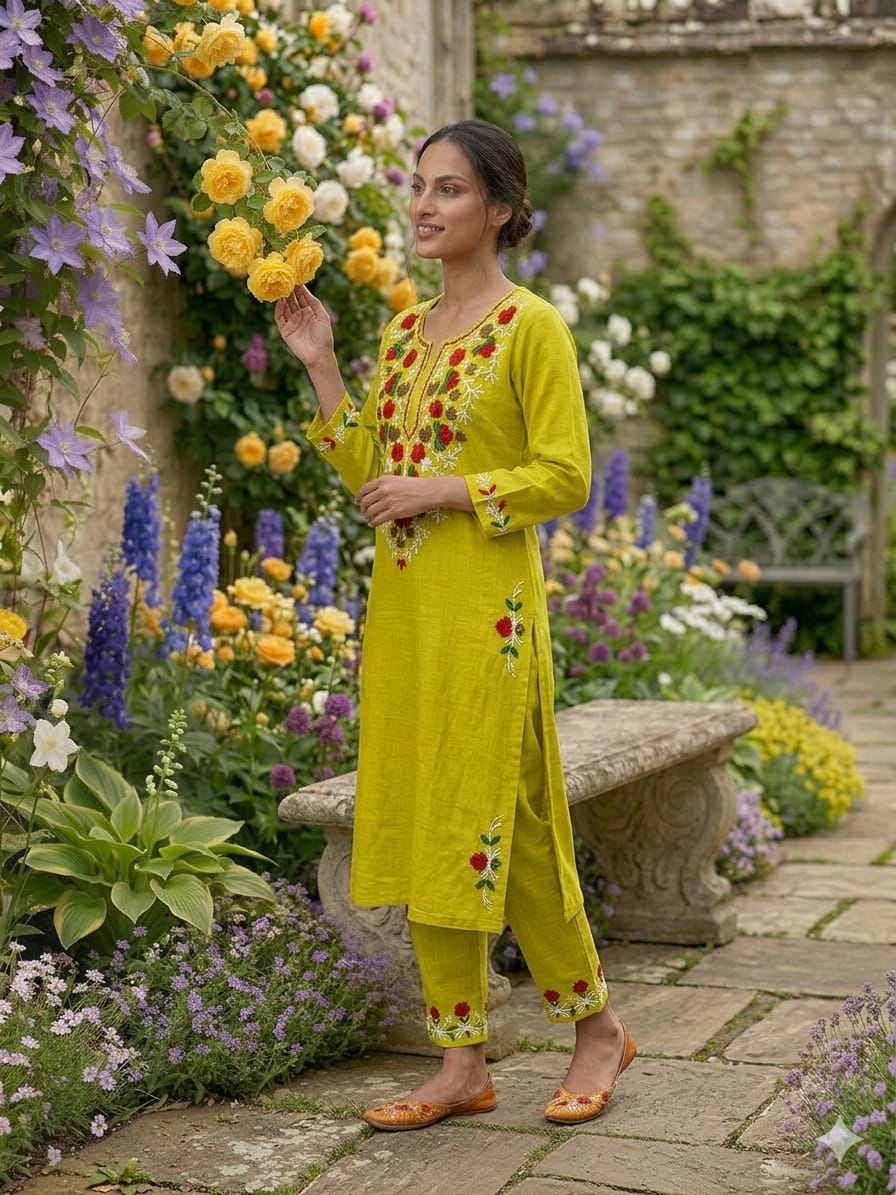 Woman in lime green embroidered kurta set with floral patterns in a garden.