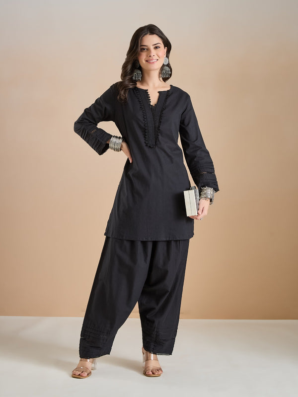 Pure Cotton Straight Fit Black Kurti with Farshi Salwar