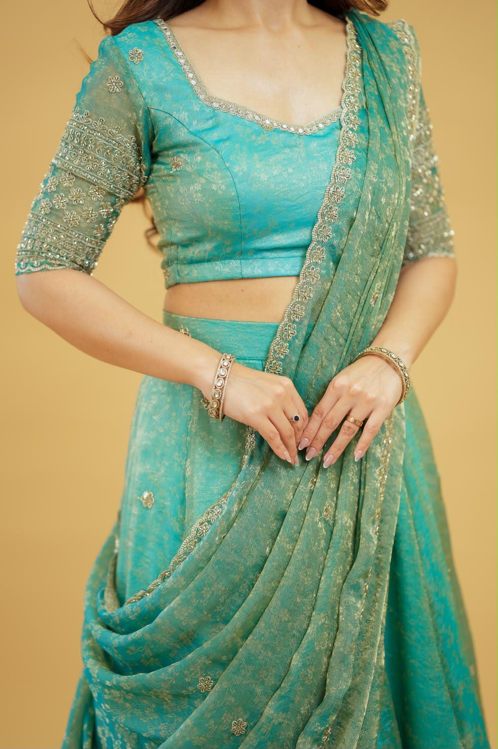 Embroidered Sindoori Silk Lehenga Set | Yellow & Teal Festive Suit