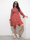 Maroon Round Neck Floral Print Rayon Midi Dress