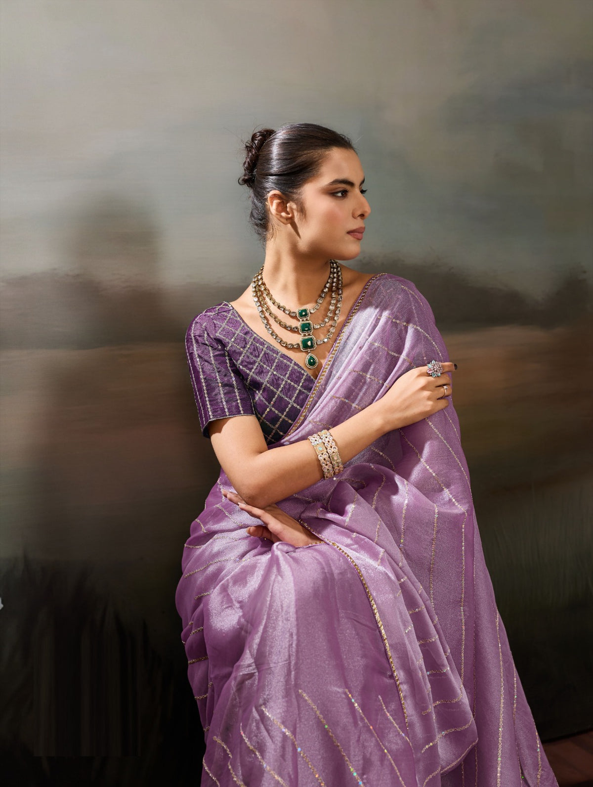 Grainy Moss Chiffon Saree with Cutdana Border & Heavy Embroidered Blouse