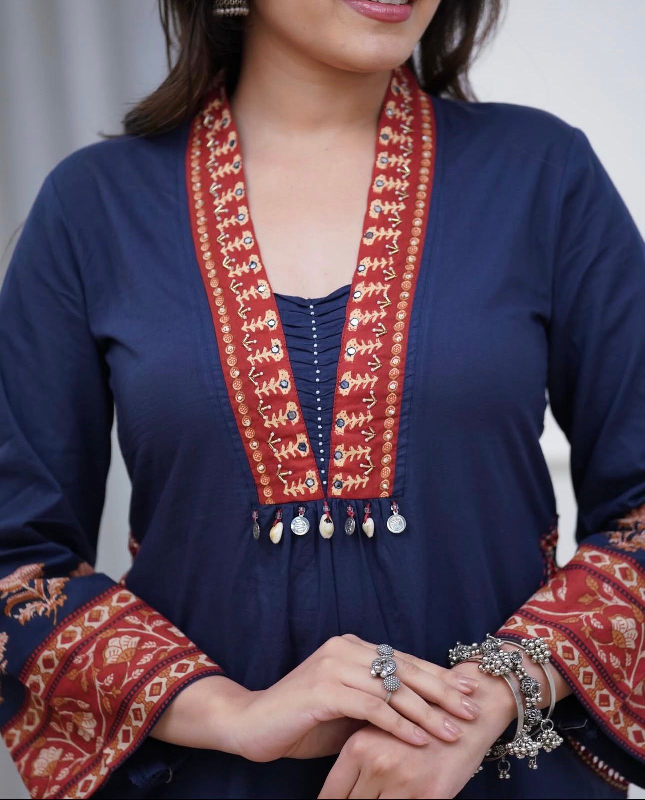 Elegant Blue Cotton Kurti Set with Handwork Detailing