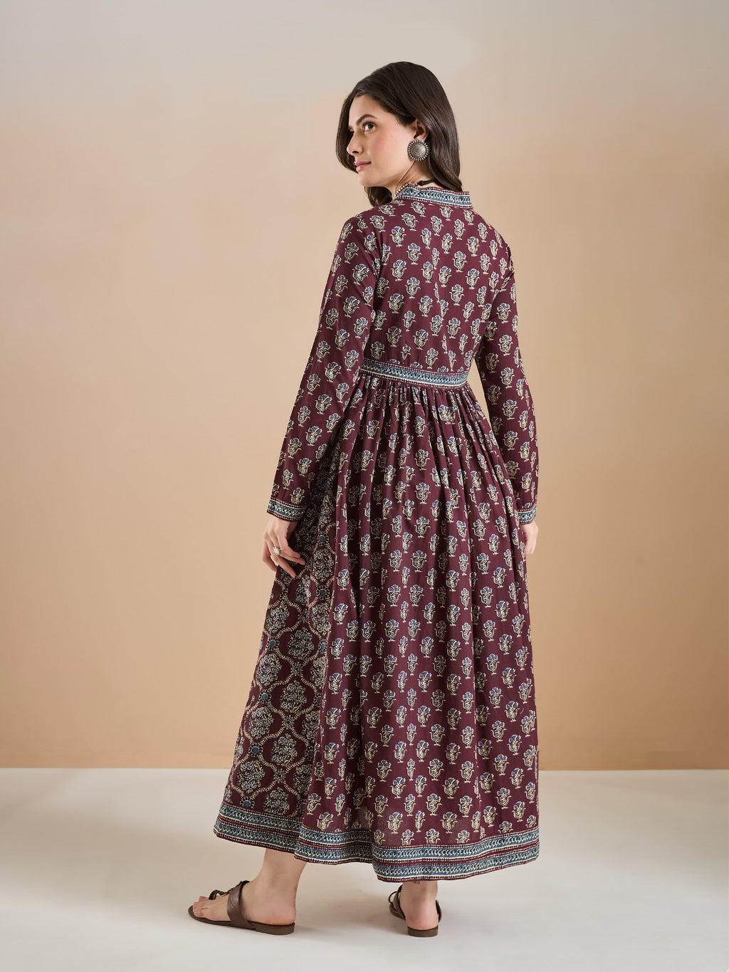 Wine Color Block Print Kurta