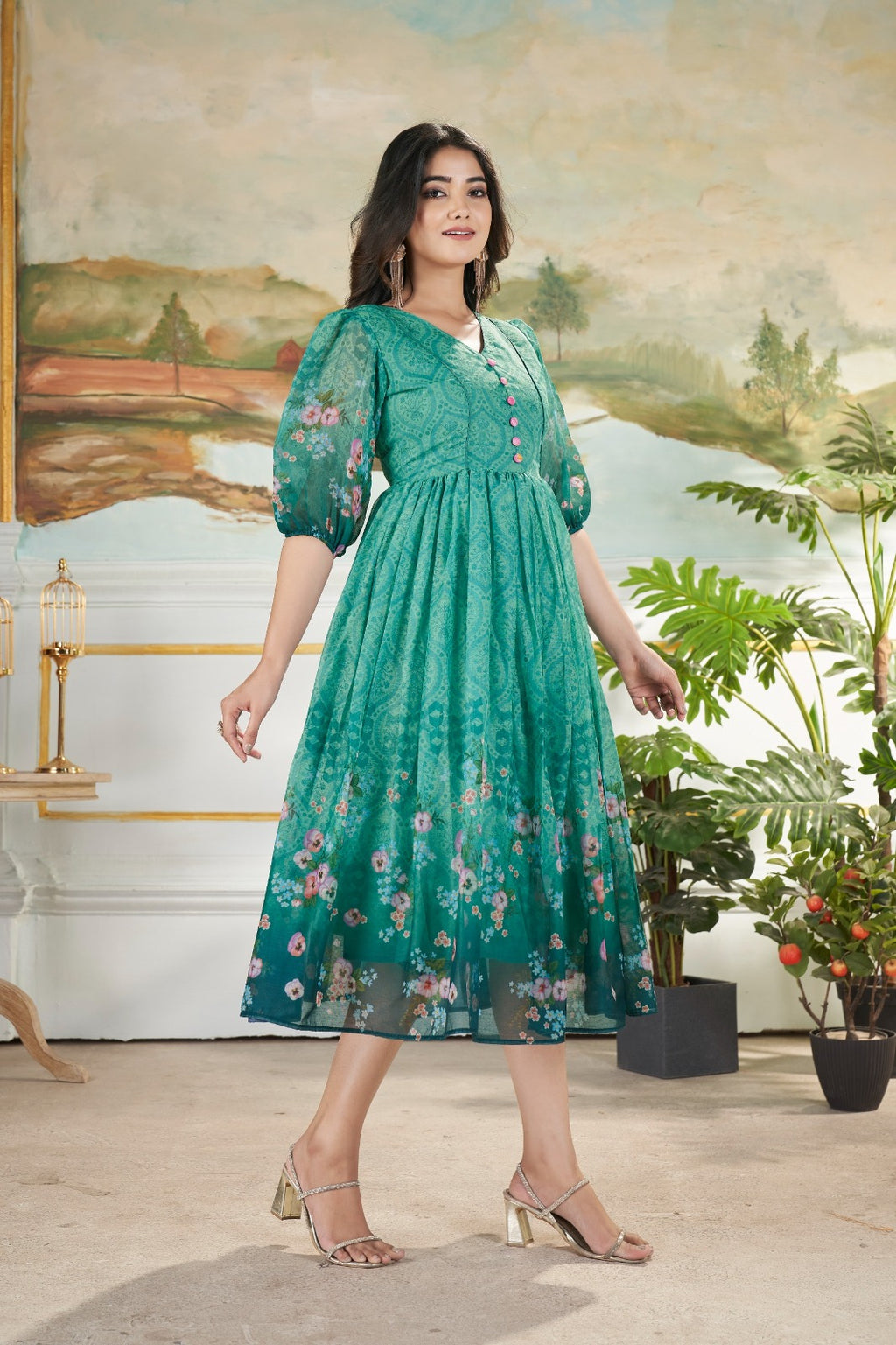Radiate Effortless Elegance: Vibrant Green Printed Muslin Mix Dress with 4-Meter Voluminous Flair