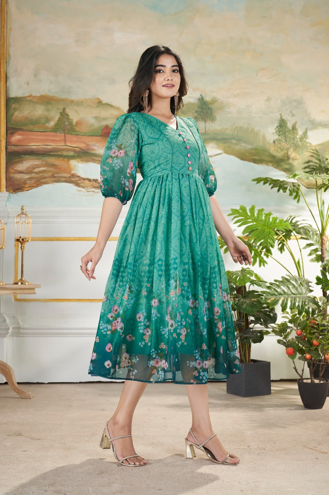 Radiate Effortless Elegance: Vibrant Green Printed Muslin Mix Dress with 4-Meter Voluminous Flair