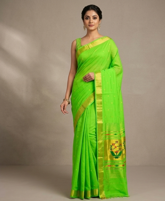 Timeless Elegance: Handloom Cotton Paithani Saree with Traditional Fancy Pallu