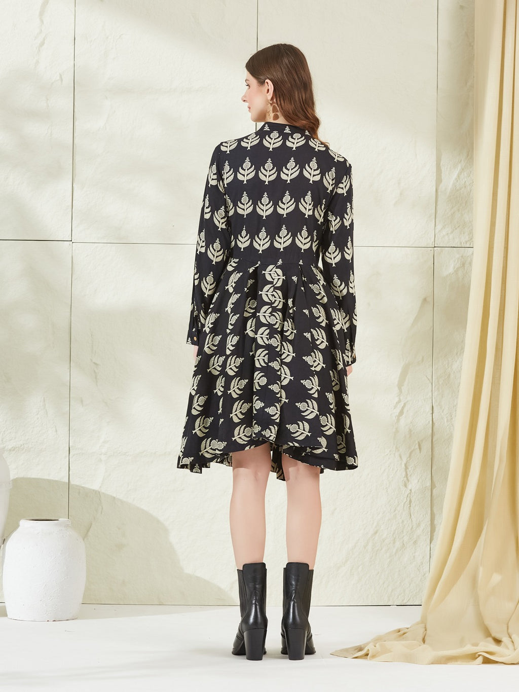 Black Long Sleeve Boat Neck Dress with Curved Hem