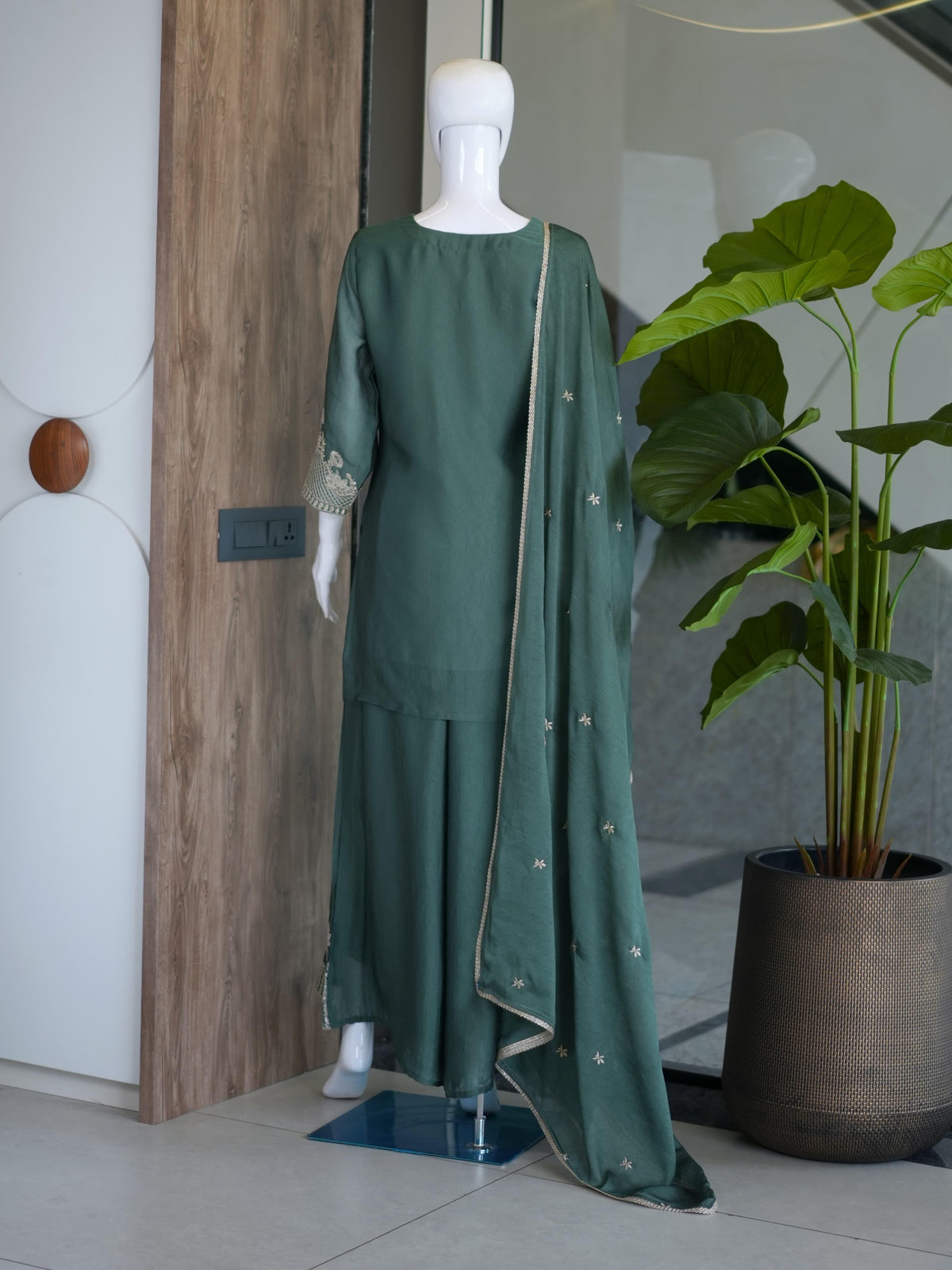 Rangoli Crush Embroidered Short Top & Palazzo Set with Lace Dupatta