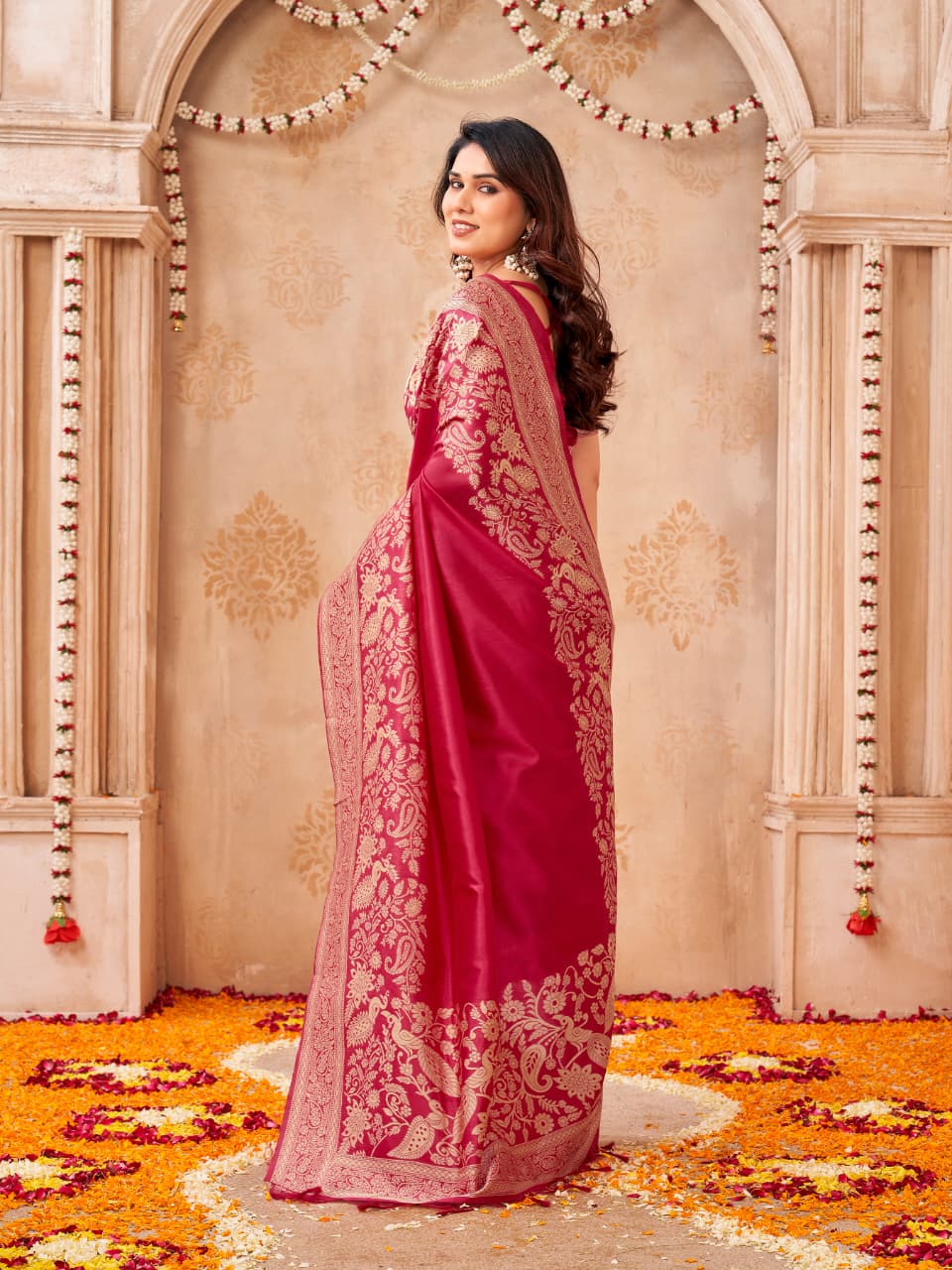 Bangalori Handloom Raw Silk Saree with Intricate Peacock & Jal Weaves