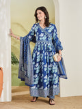 Women Floral Printed Blue Angrakha Style Anarkali Kurta with Trousers & Dupatta
