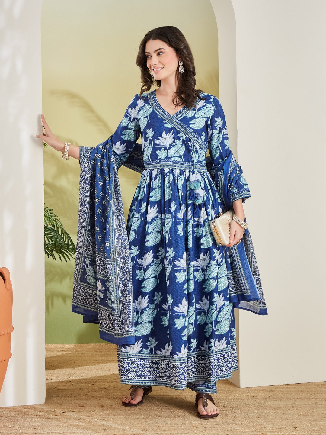 Women Floral Printed Blue Angrakha Style Anarkali Kurta with Trousers & Dupatta