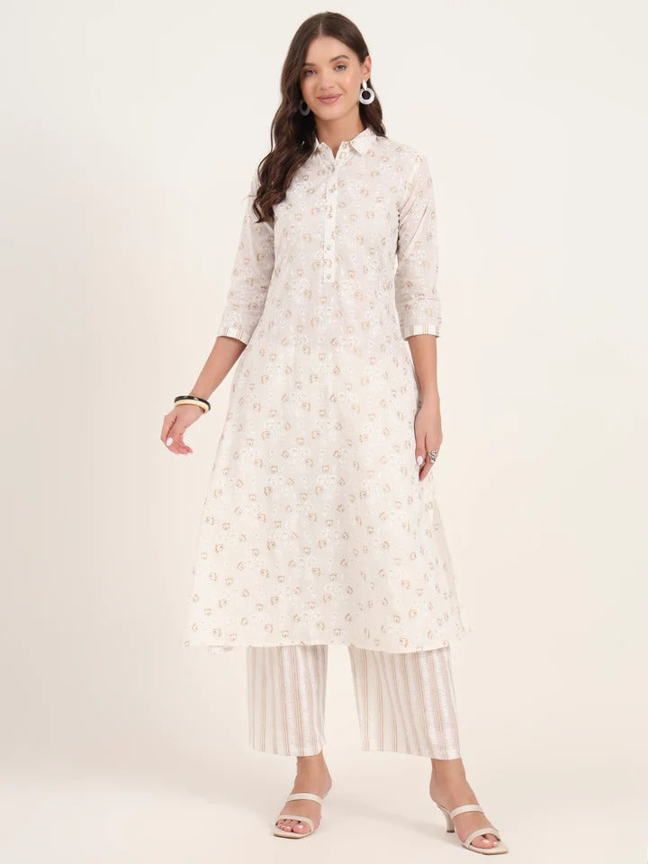 White Floral Printed Cotton Kurta Pant Sets