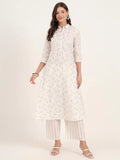 White Floral Printed Cotton Kurta Pant Sets