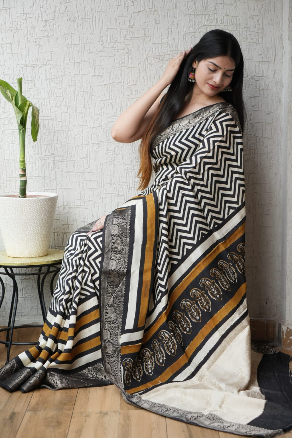 Pure Dola Silk Ajrakh Hand Block Printed Saree with Elegant Printed Blouse