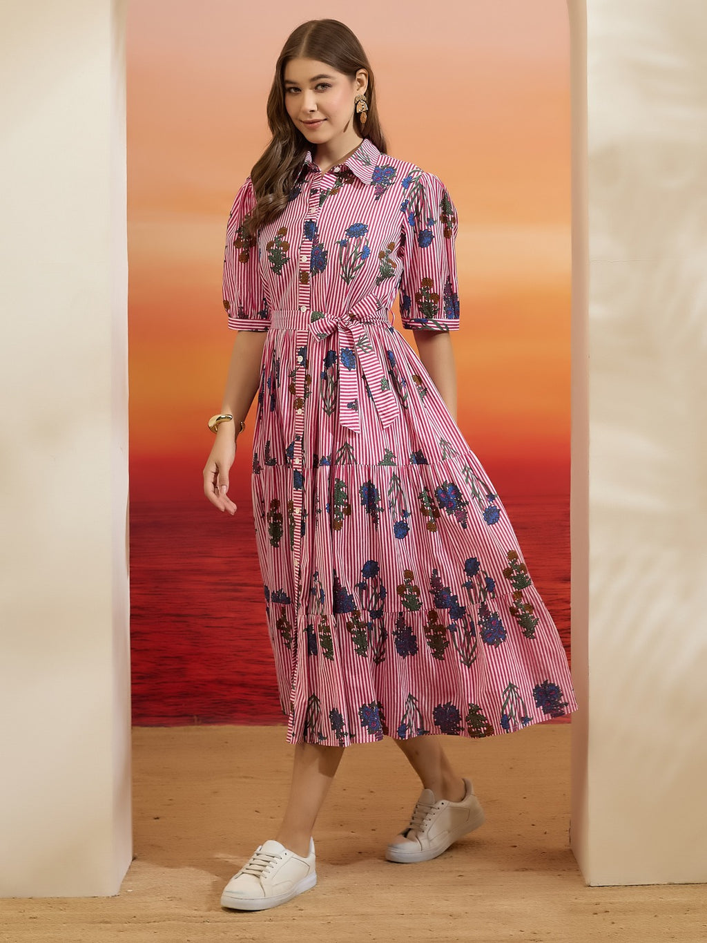Pink Floral & Striped Pure Cotton Shirt Dress with Belt & Pockets