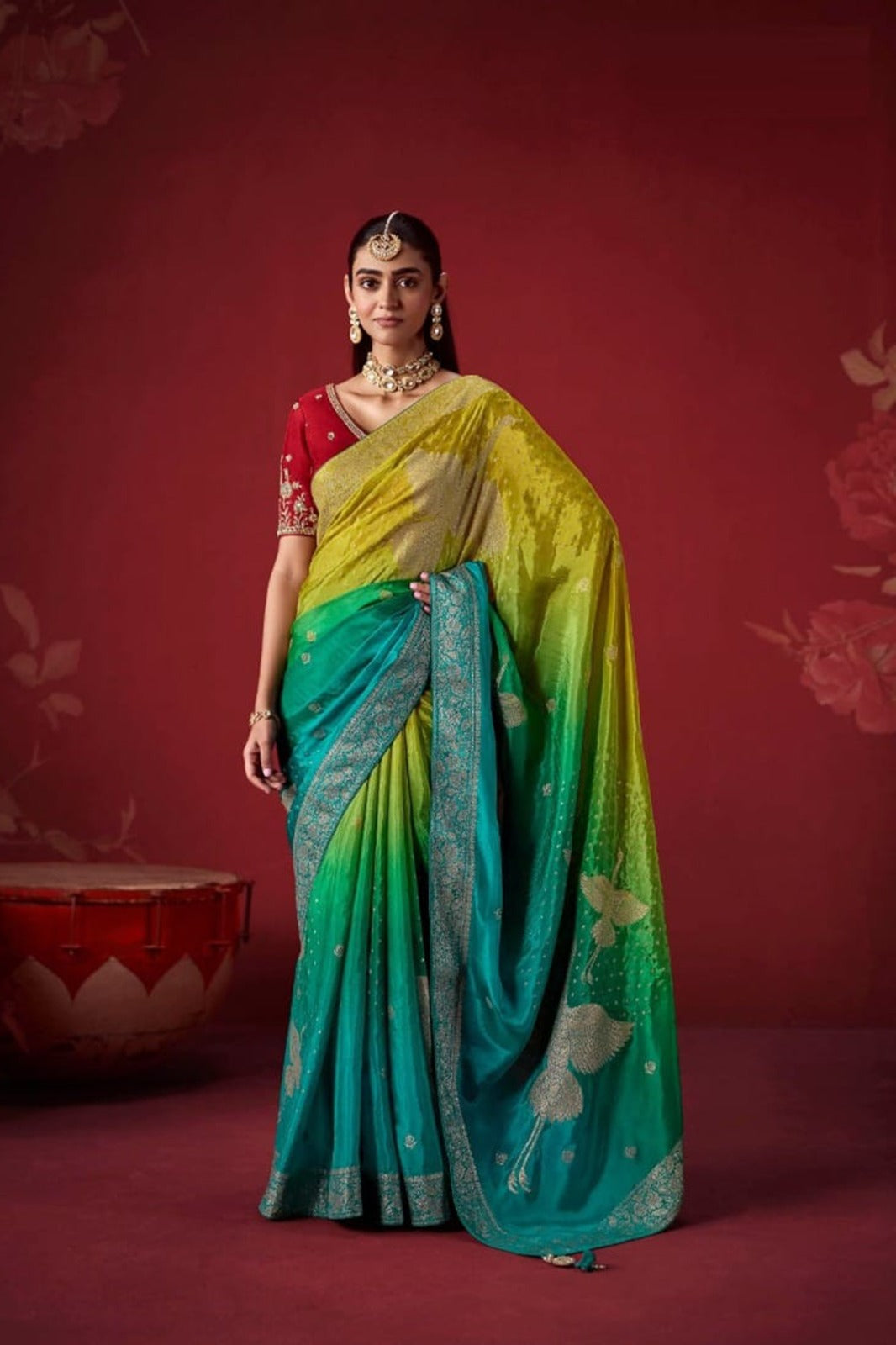 Ombré Dola Crape Silk Saree with Handcrafted Kundan Blouse