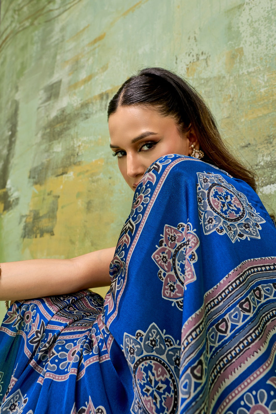 Premium Modal Satin Ajrakh Printed Saree with Matching Blouse