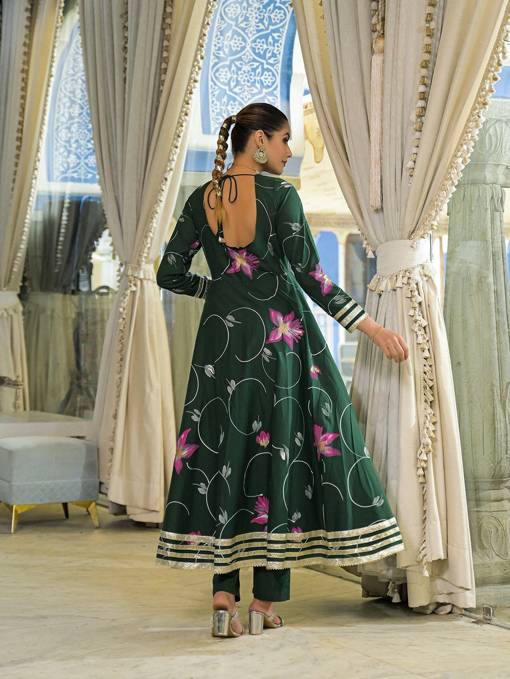 Dark Green Hand Painted Anarkali Kurta Pant With Dupatta