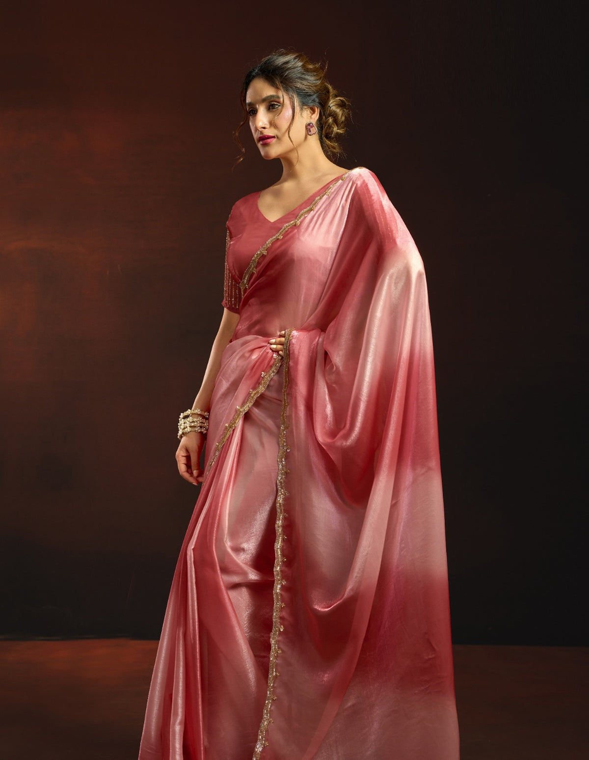 Dual-Tone Digital Shaded Fandy Satin Saree with Intricate Beadwork Border