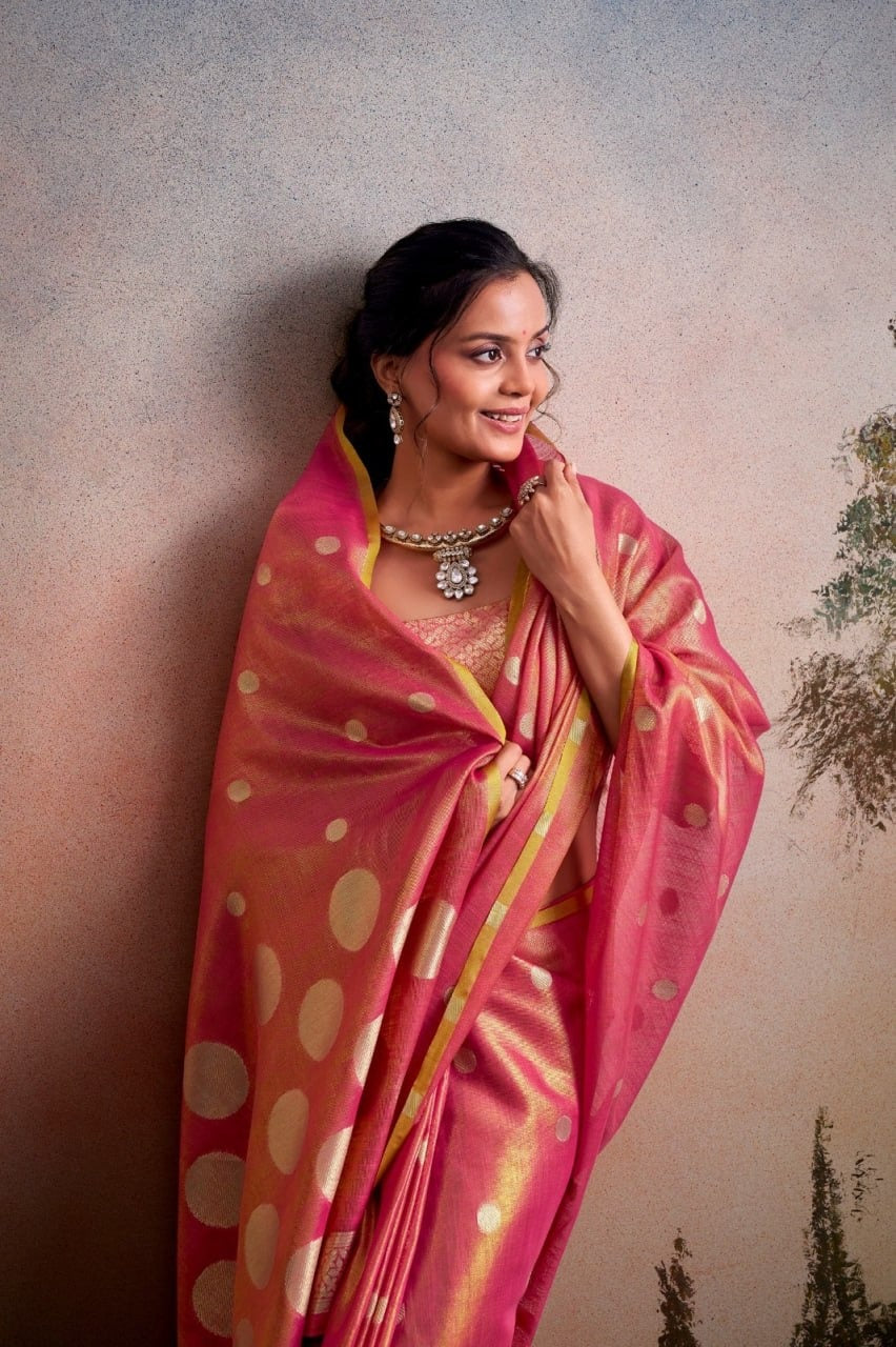 Luminous Tissue Silk with Gold Zari Motifs