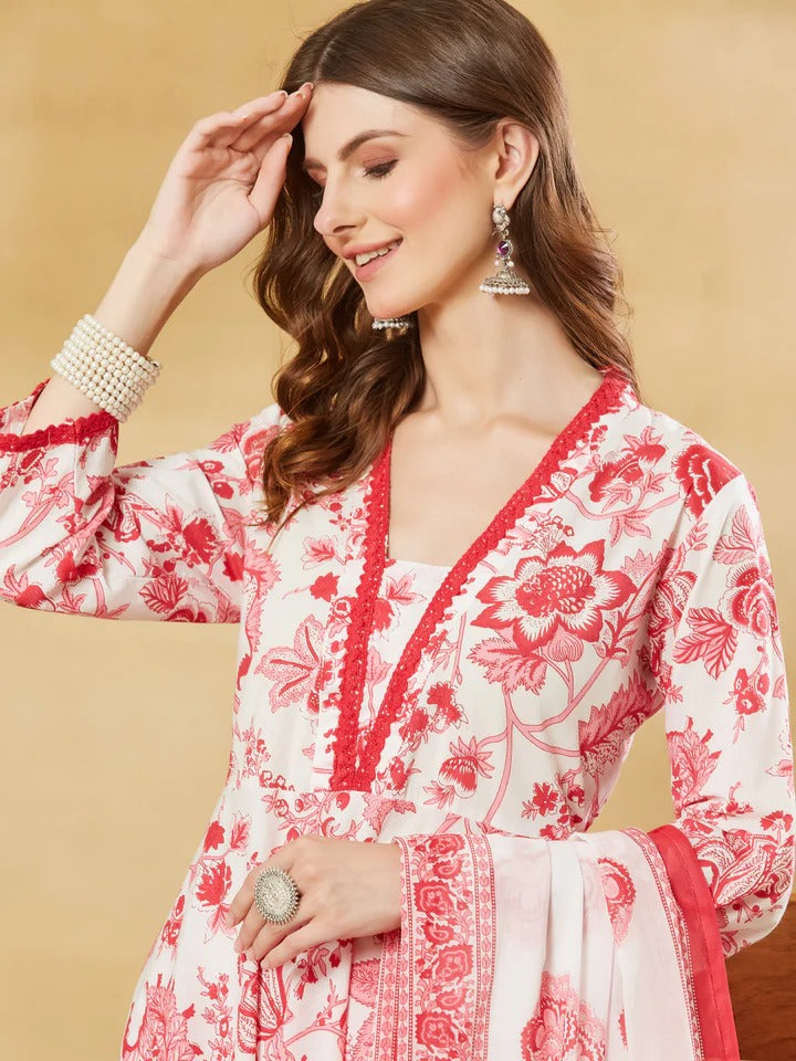 White Floral Cotton Anarkali Kurta Sets With Dupatta