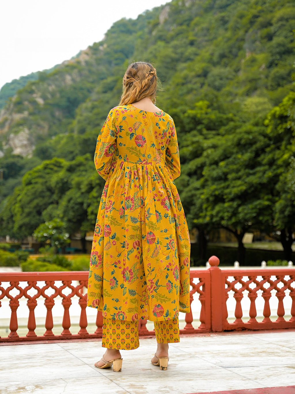 Mustard Yellow Floral Printed Pure Cotton Flared Anarkali Kurta Set with Palazzo & Dupatta