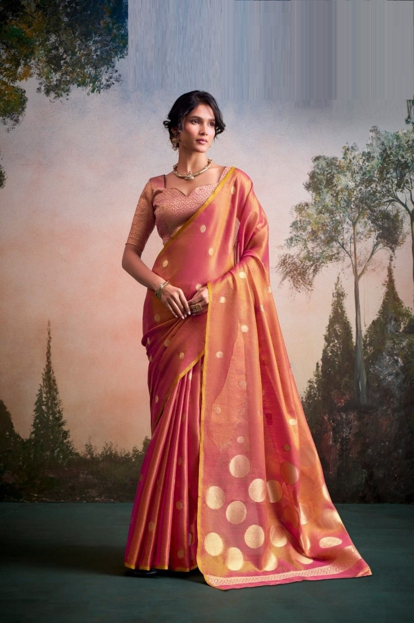 Luminous Tissue Silk with Gold Zari Motifs