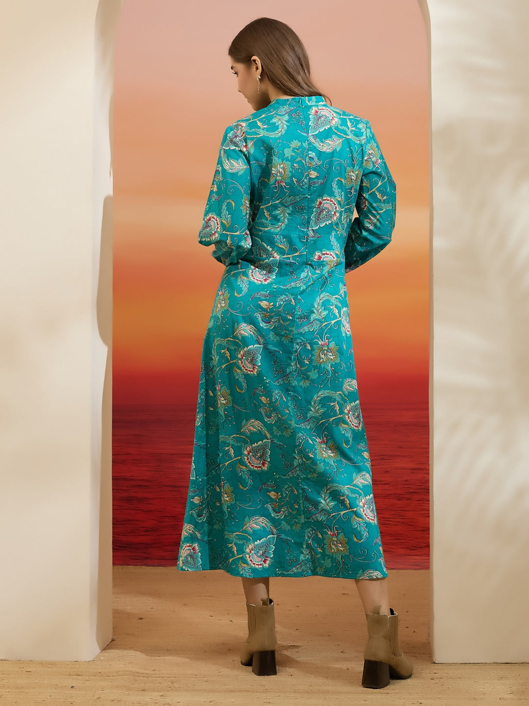 Turquoise Blue Floral Printed Pure Cotton Tiered Flared Dress