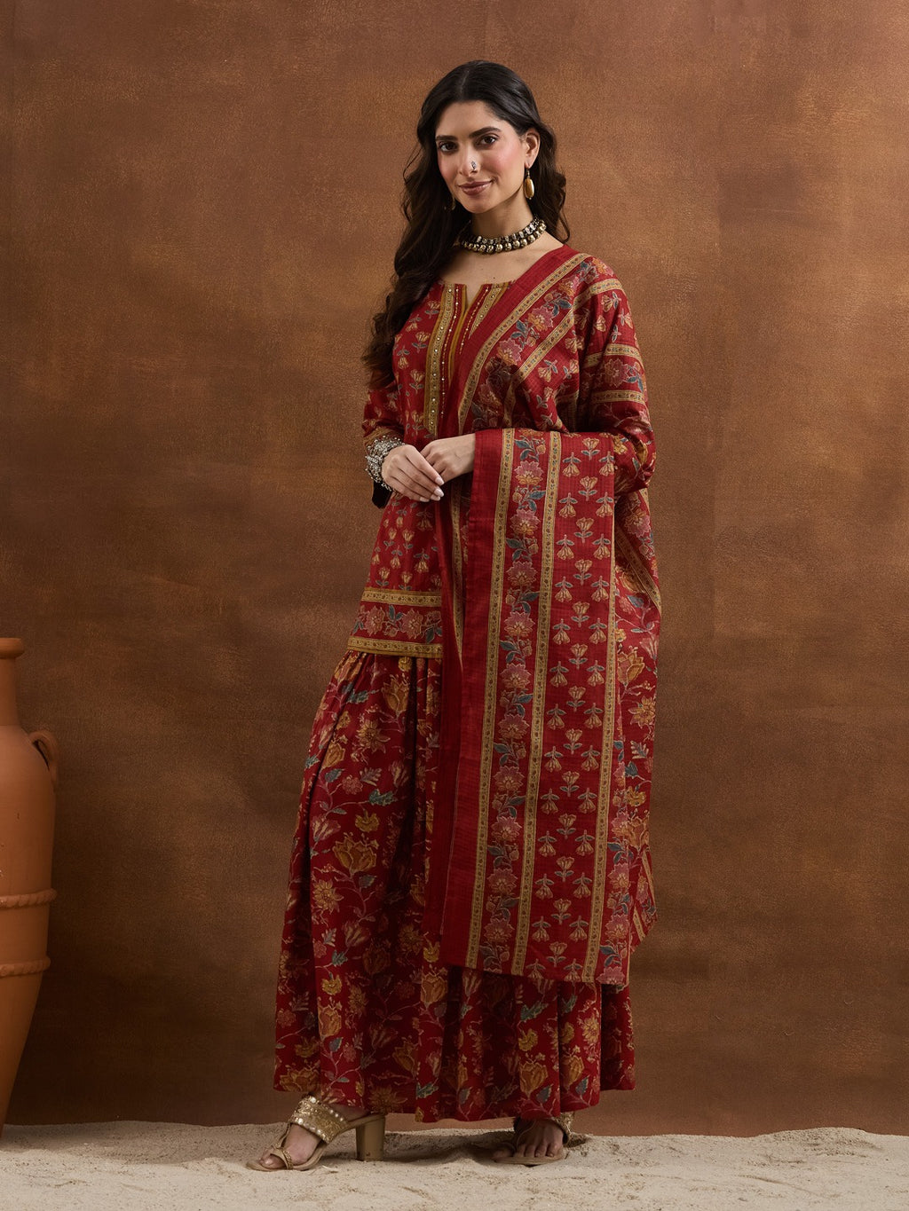 Red Floral Printed Cotton Straight Kurti Skirt & Dupatta Set