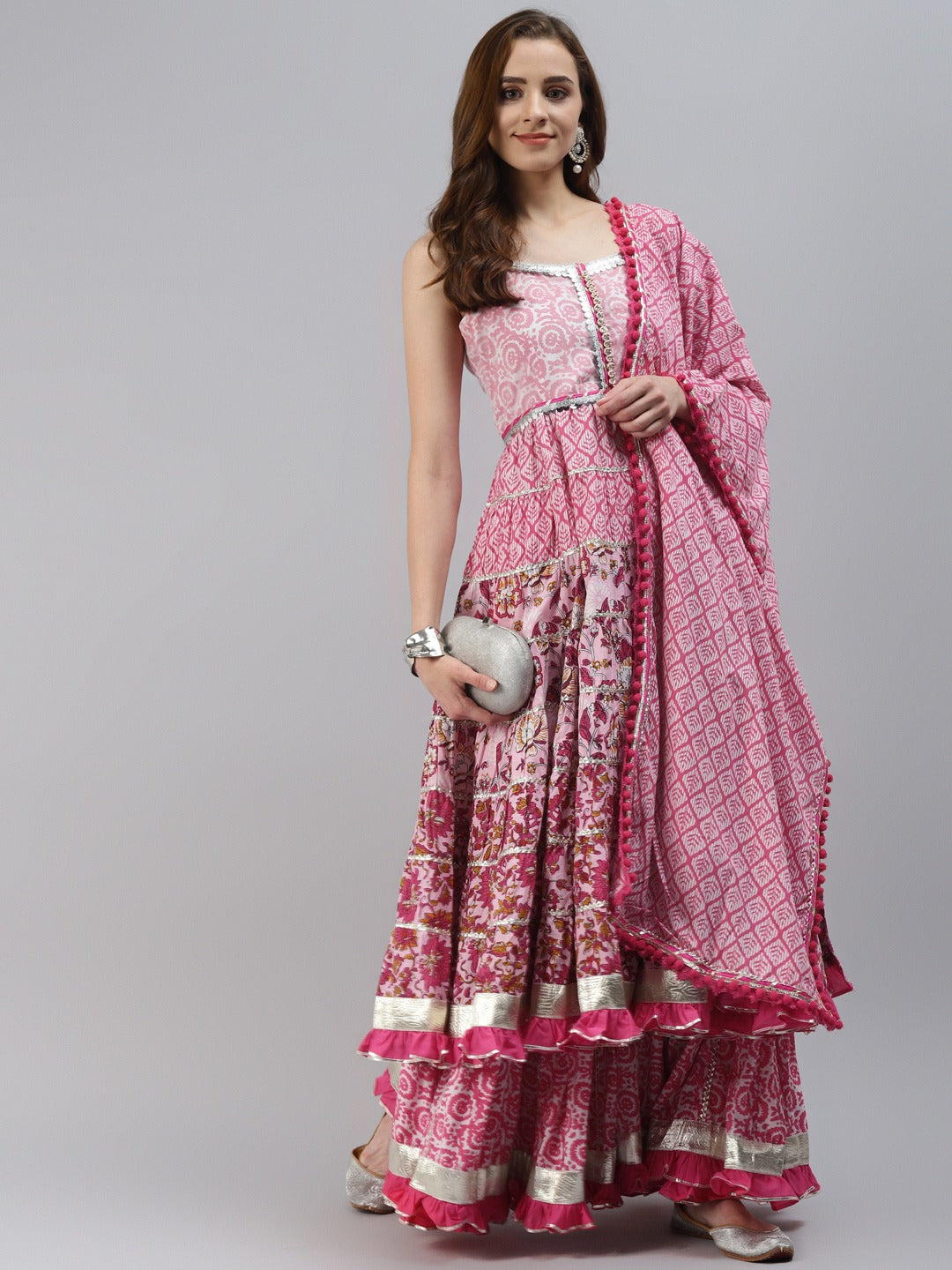 Pink Cotton Sleeves less Anarkali Sharara set with Dupatta