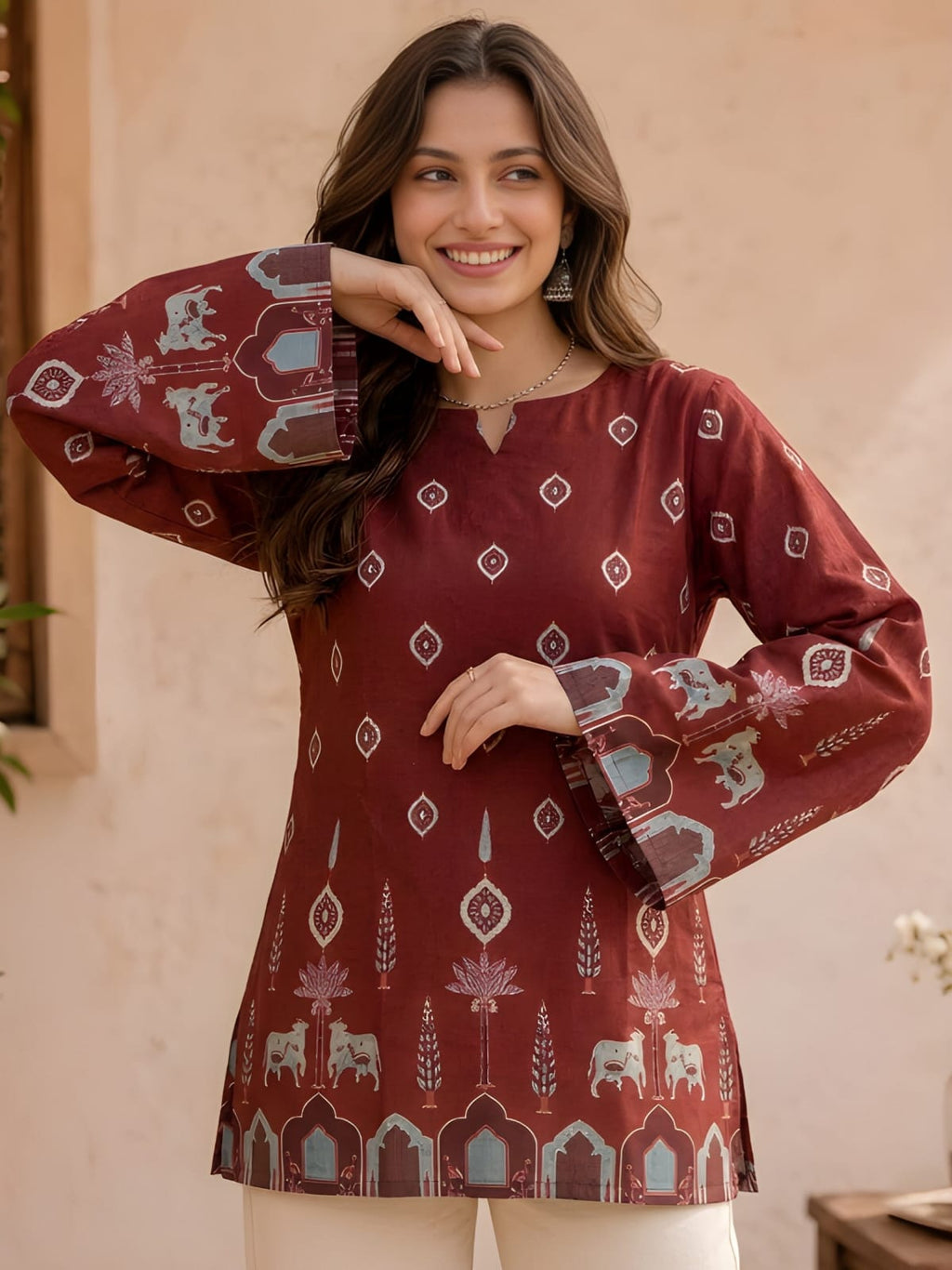 Effortless Elegance: Maroon Cotton Kalamkari Bell-Sleeve Tunic