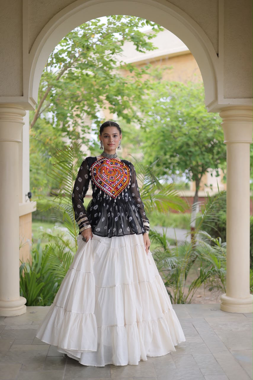 Kutchi Gamthi Patchwork Bandhani Top with Tiered Kora Cotton Lehenga