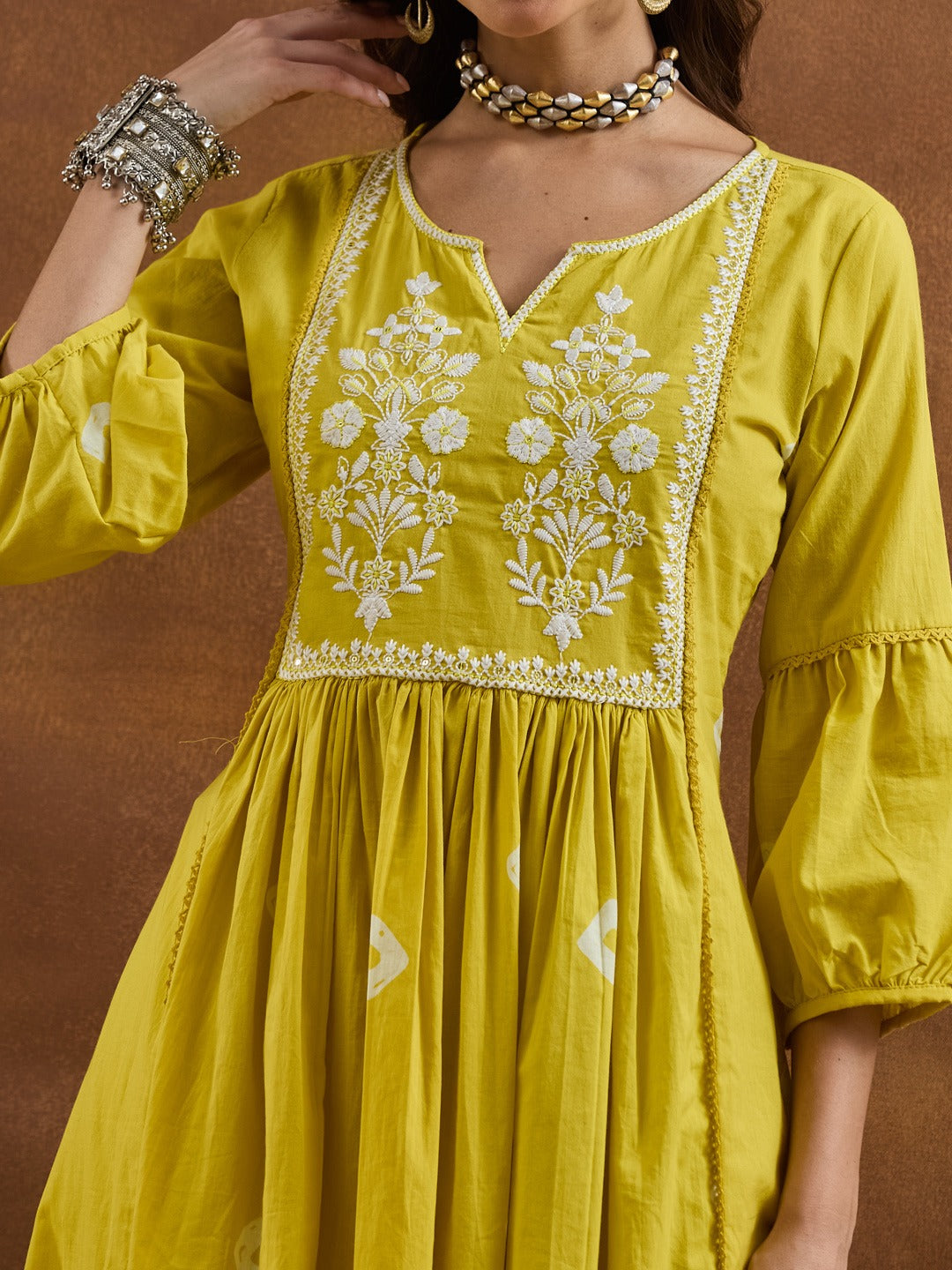 Mustard Yellow Flared Anarkali Set | Floral Thread Embroidery & Lace Detailing