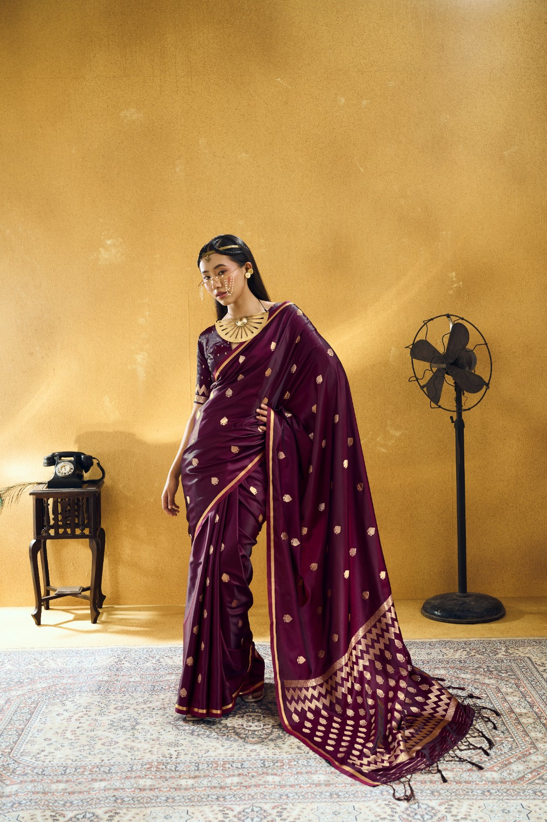 Premium Handloom Satin Silk Saree with Zari Motifs & Chevron Pallu