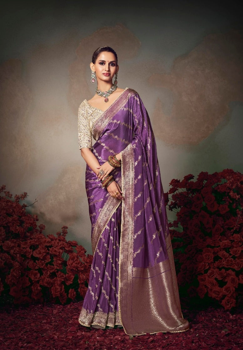 Chiniya Silk Saree with Designer Lace Border & Heavy Embroidered Silk Blouse