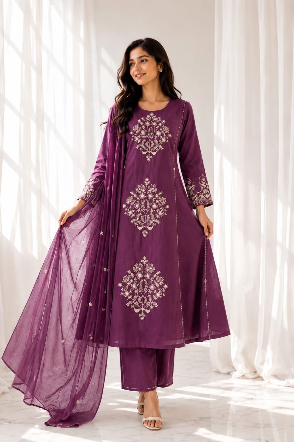 Handcrafted Pure Cotton Anarkali Suit Set with Embroidered Mulmul Dupatta