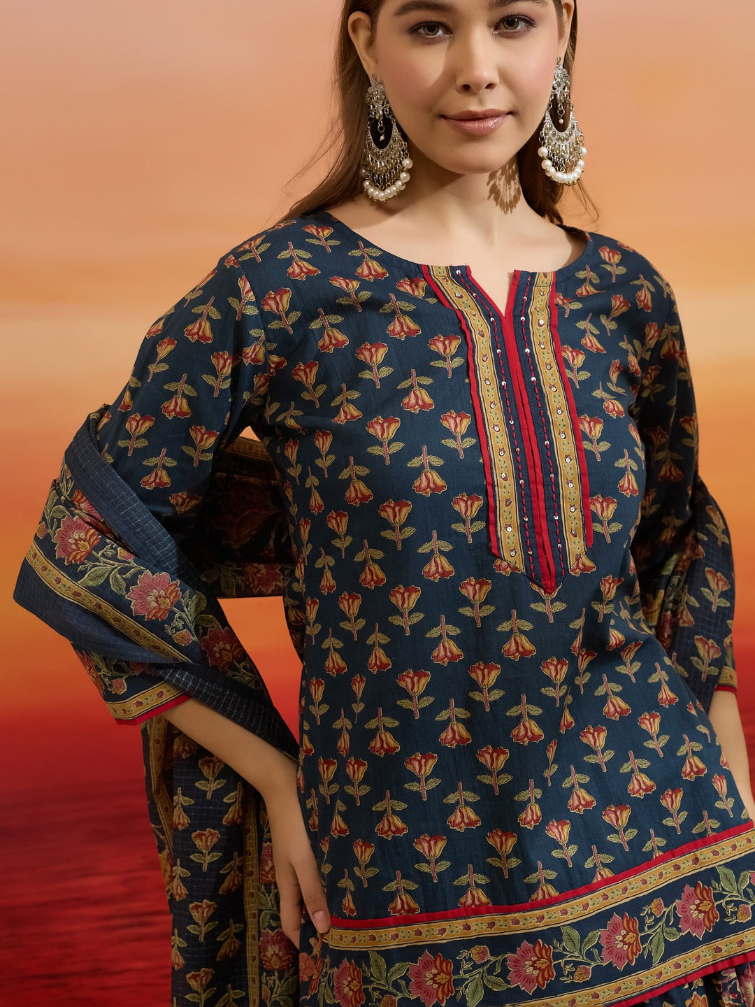 Floral & Botanical Printed Blue Cotton 3-Piece Kurti Skirt Dupatta Set