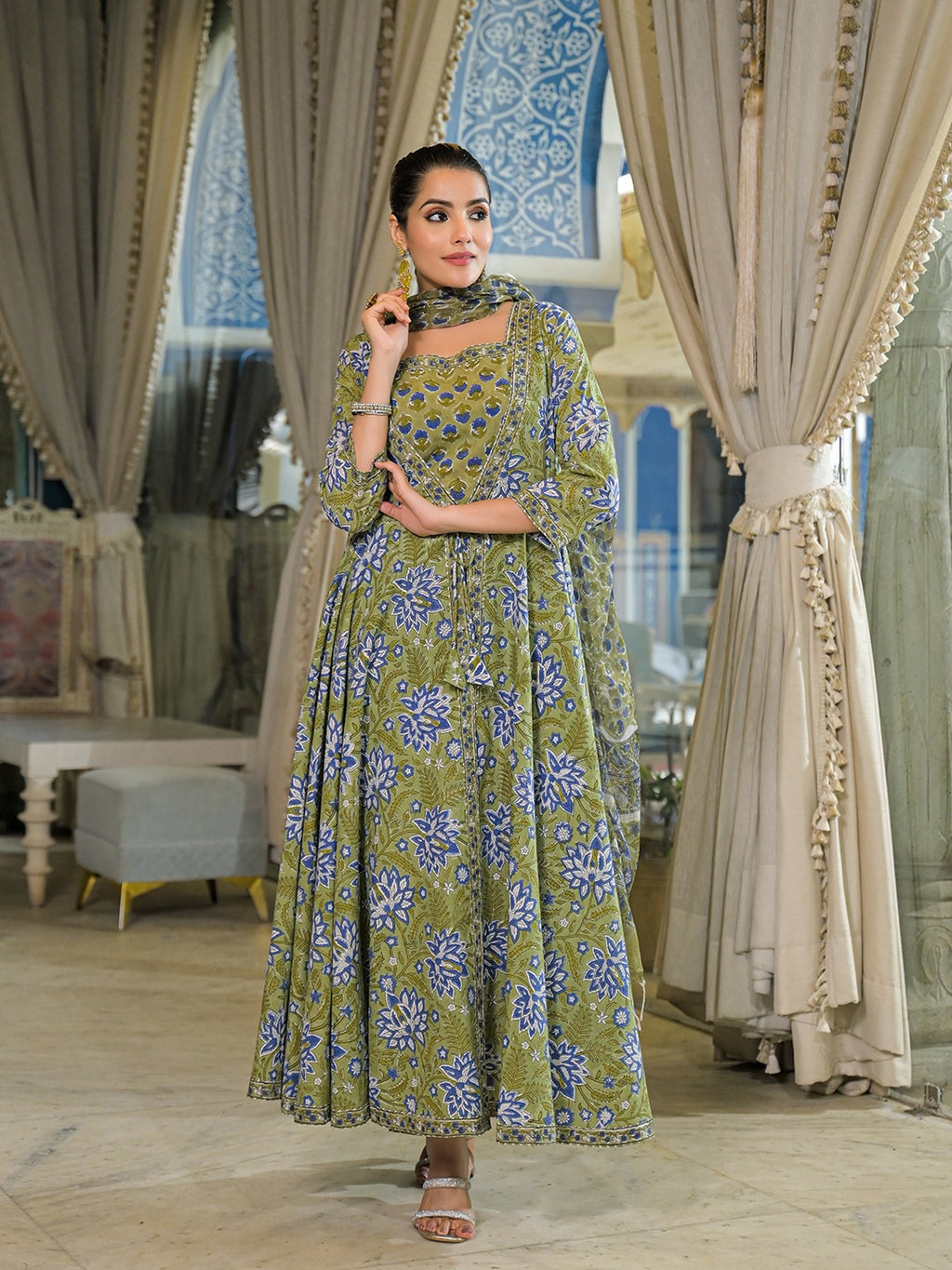 Green Hand Block Anarkali Kurta Pant With Dupatta & Jacket