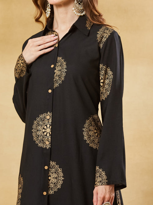 Black Rayon Foil Print Kurta Palazzo Sets