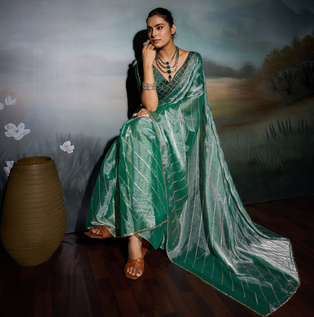 Grainy Moss Chiffon Saree with Cutdana Border & Heavy Embroidered Blouse